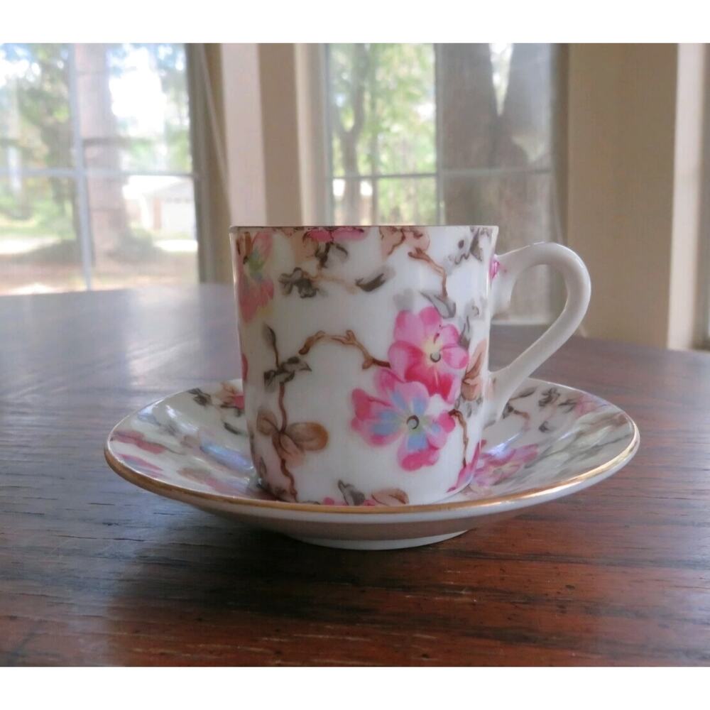 Vintage Lefton China Demitasse Cup & Saucer Set #2120 Hand Painted Floral Gold